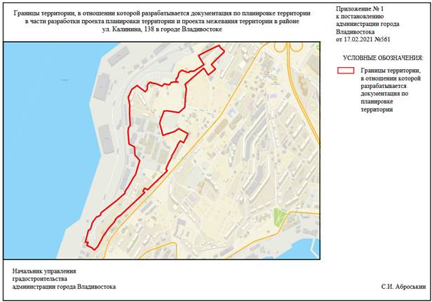 Постановление Администрации г. Владивостока от 17.02.2021 N 561 "О подготовке документации по планировке территории в части разработки проекта планировки территории и проекта межевания территории в районе ул. Калинина, 138 в городе Владивостоке"