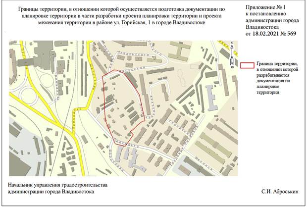 Постановление Администрации г. Владивостока от 18.02.2021 N 569 "О подготовке документации по планировке территории в части разработки проекта планировки территории и проекта межевания территории в районе ул. Горийская, 1 в городе Владивостоке"