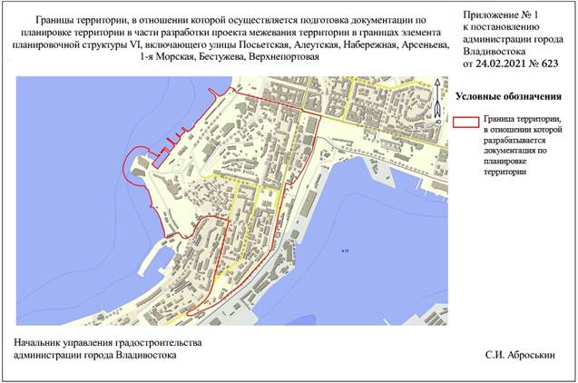 Постановление Администрации г. Владивостока от 24.02.2021 N 623 "О подготовке документации по планировке территории в части разработки проекта межевания территории в границах элемента планировочной структуры VI, включающего улицы Посьетская, Алеутская, Набережная, Арсеньева, 1-я Морская, Бестужева, Верхнепортовая"
