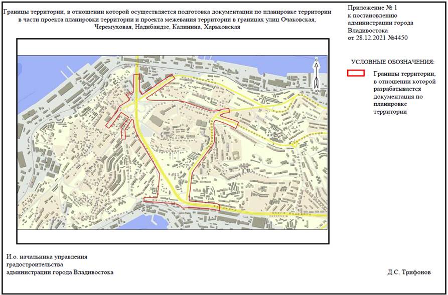 Постановление Администрации г. Владивостока от 28.12.2021 N 4450 "О подготовке документации по планировке территории в части проекта планировки территории и проекта межевания территории в границах улиц Очаковская, Черемуховая, Надибаидзе, Калинина, Харьковская"