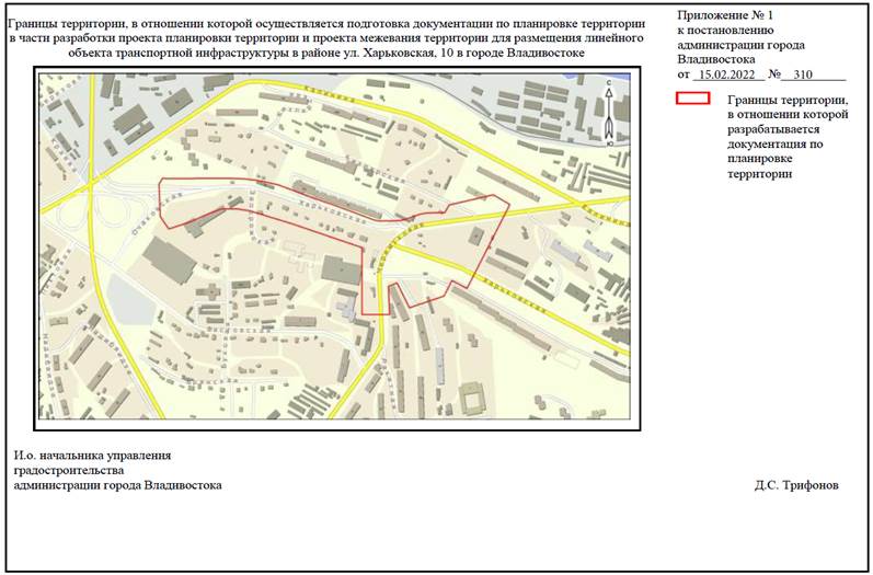Постановление Администрации г. Владивостока от 15.02.2022 N 310 "О подготовке документации по планировке территории в части разработки проекта планировки территории и проекта межевания территории для размещения линейного объекта транспортной инфраструктуры в районе ул. Харьковская, 10 в городе Владивостоке"
