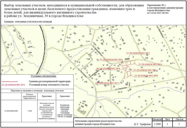 Постановление Администрации г. Владивостока от 14.04.2022 N 784 "О назначении и проведении общественного обсуждения по вопросу выбора земельных участков, находящихся в муниципальной собственности, для образования земельных участков в целях бесплатного предоставления гражданам, имеющим трех и более детей, для индивидуального жилищного строительства в районе ул. Земляничная, 39 в городе Владивостоке"