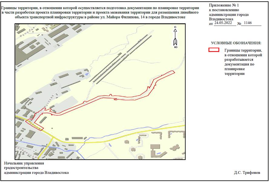 Постановление Администрации г. Владивостока от 24.05.2022 N 1146 "О подготовке документации по планировке территории в части разработки проекта планировки территории и проекта межевания территории для размещения линейного объекта транспортной инфраструктуры в районе ул. Майора Филипова, 14 в городе Владивостоке"